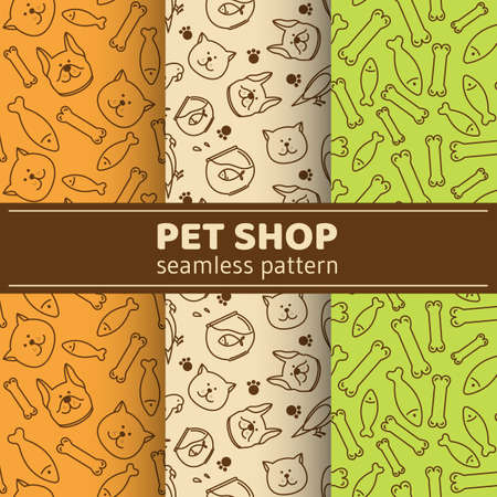 Set of seamless patterns with images of animals: cat, dog, parrot. Templates design paper packaging for pet shop, veterinary clinic.のイラスト素材