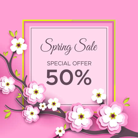 The spring sale. The banner with paper flowers, Sakura branch on a pink background. Vector illustration for advertising companies, magazines ,posters, websites.のイラスト素材