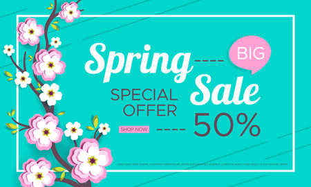 The spring sale. The banner with paper flowers, Sakura branch on a blue background. Vector illustration for advertising companies, magazines ,posters, websites.のイラスト素材