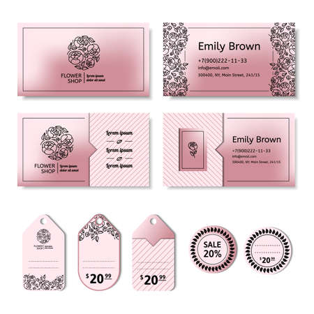 Corporate identity for a flower shop. Logo, business card and price tag. Vector illustration in modern styleのイラスト素材