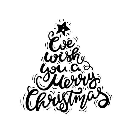 We wish you a Merry Christmas text. A quote written in the form of a Christmas tree. Design element for congratulation cards, banners and flyers.のイラスト素材