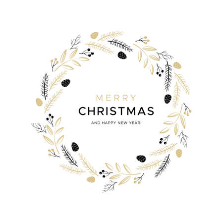 Christmas wreath with black and gold branches and pine cones. Unique design for your greeting cards, banners, flyers. Vector illustration in modern style.のイラスト素材