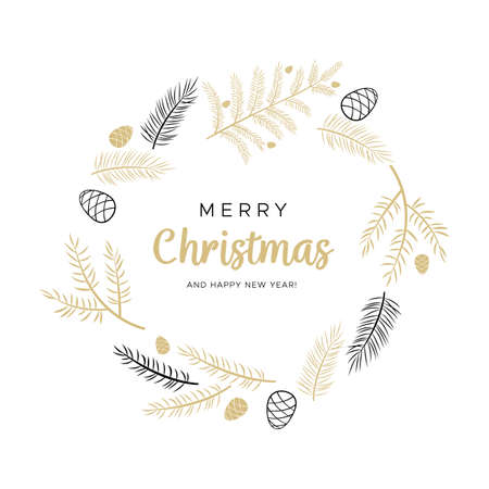 Christmas wreath with black and gold branches and pine cones. Unique design for your greeting cards, banners, flyers. Vector illustration in modern style.のイラスト素材