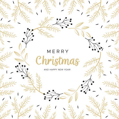Merry Christmas and Happy New Year greeting card with black and gold branchesのイラスト素材