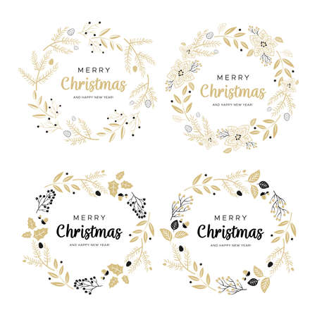 Set of Christmas wreaths with black and gold branches and pine cones.のイラスト素材