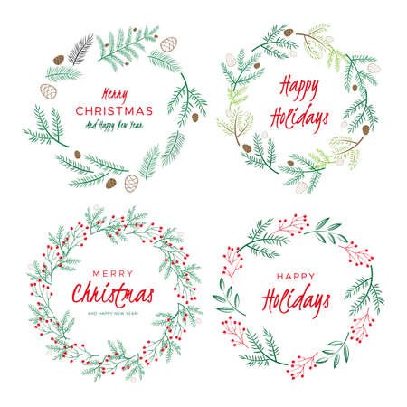 Christmas wreaths with berries, pine branches and fir cones. A set of round frames for winter design. Vector backgroundのイラスト素材