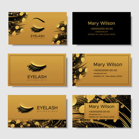 Branding for salon eyelash extension, shop cosmetic products, lashmaker, stylist. Design with gold elements. Vector illustration in modern styleのイラスト素材