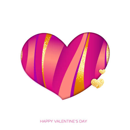 Valentine's card with paper cut style. Pink heart with gold stripes. Vector illustration in modern style.のイラスト素材