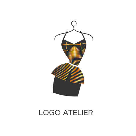 Logo for Atelier, women's clothing store. Vector template of the brand for the fashion designer. Element for Studio sewing and tailoring. Black dress with gold linesのイラスト素材