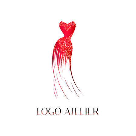 Logo for Atelier, women's clothing store. Vector template of the brand for the fashion designer. Element for Studio sewing and tailoring. Red evening dress with sequinsのイラスト素材