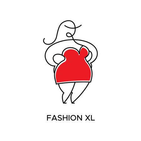 Logo for Atelier, store women's clothing large size. Vector template of the brand for the fashion designer. Element for Studio sewing and tailoring. Abstract fat woman in red dressのイラスト素材