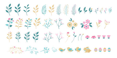 Set of Easter elements for typographic design. Leaves, branches, berries, birds, bunny, flowers, eggs.Vector illustration in modern style.のイラスト素材