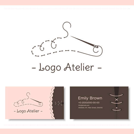 Branding for the fashion designer, Atelier, wedding boutique, women's clothing store, studio sewing and tailoring. Logo, business card. Stylized hanger from thread and needleのイラスト素材