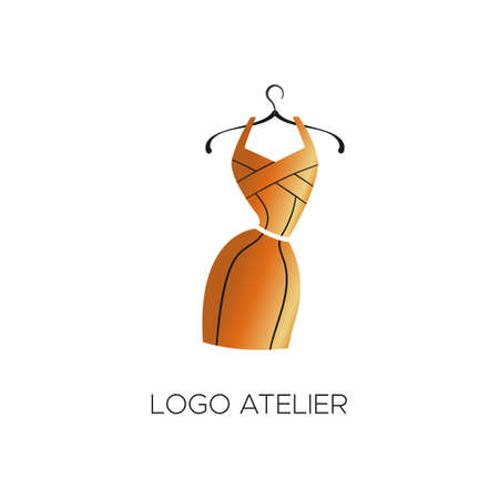 Logo for Atelier, women's clothing store. Vector template of the brand for the fashion designer. Element for Studio sewing and tailoring. Gold bandage dress with black linesのイラスト素材