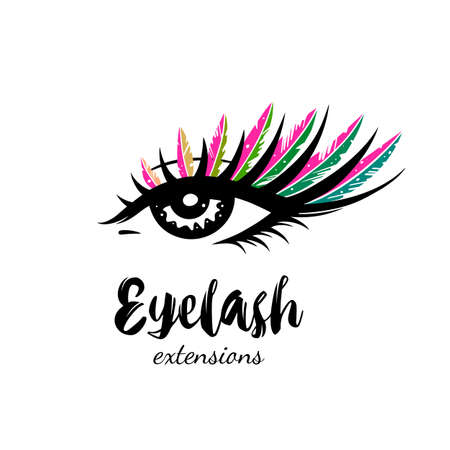 Eyelash extension illustration. Makeup with multicolored feathers.