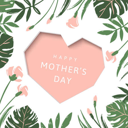 Happy Mother's Day greeting card. Pink heart on tropical leaves and flowers backgroundのイラスト素材