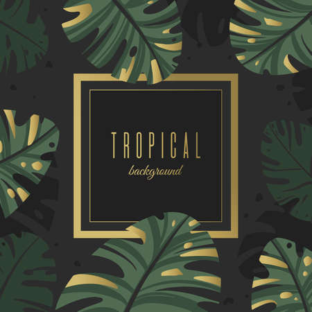 Background of tropical leaves with gold decor. Unique design for greeting card or invitationのイラスト素材