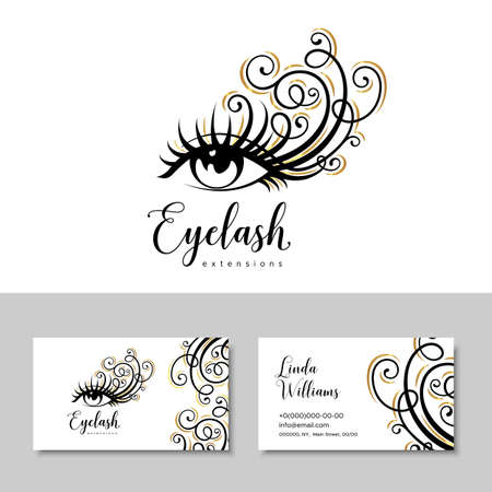 Branding for salon eyelash extension, shop cosmetic products, lashmaker, stylist. Logo and business card. Makeup with gold curlsのイラスト素材