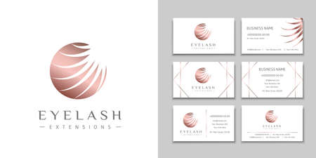 Eyelash extension logo with white lashes in bronze circle and a set of business cards. Design brand for beauty salon, lashes and eyebrows artistのイラスト素材
