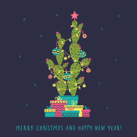 Christmas cactus with colorful balls, garlands and gifts in the Mexican style. Greeting card with a hand-drawn illustrationのイラスト素材