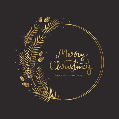 Christmas wreath with pine branches and cones in gold and black color. Modern design for your greeting cards. Vector illustration in holiday style.のイラスト素材