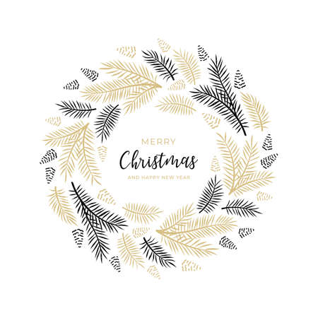 Christmas wreath with pine branches and cones in gold and black color. Holiday design for your greeting cards. Vector illustration in modern style.のイラスト素材