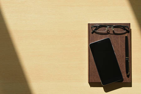 Office, desk, workspace, notebook, copy space, office supplies, smartphone, pen, glasses, office,...