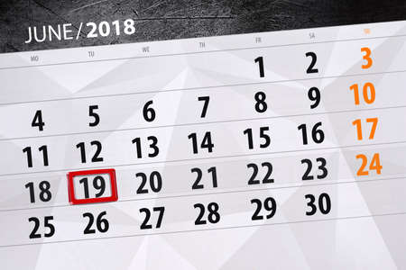 Calendar planner for the month, deadline day of the week, tuesday, 2018 june 19の写真素材