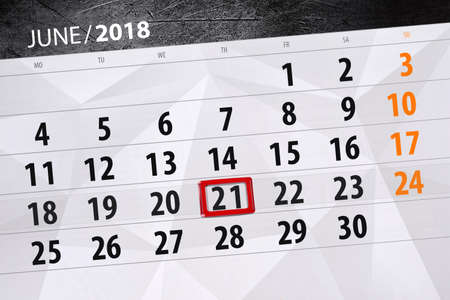 Calendar planner for the month, deadline day of the week, thursday, 2018 june 21の写真素材
