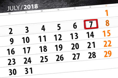 Calendar planner for the month, deadline day of the week, saturday, 2018 july 7の写真素材