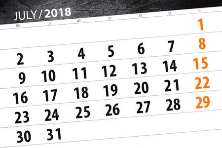 Calendar planner for the month, deadline day of the week, 2018 julyの写真素材
