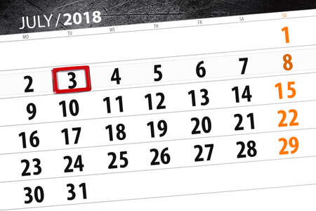 Calendar planner for the month, deadline day of the week, tuesday, 2018 july 3の写真素材