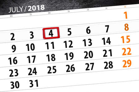 Calendar planner for the month, deadline day of the week, wednesday, 2018 july 4, Independence dayの写真素材