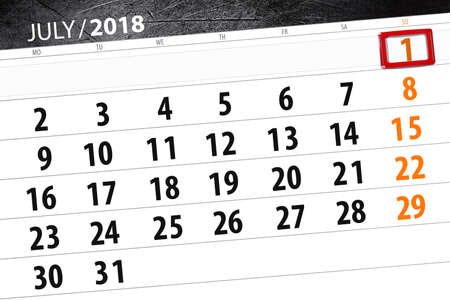 Calendar planner for the month, deadline day of the week, sunday, 2018 july 1の写真素材