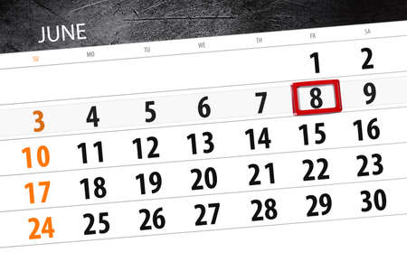 Calendar planner for the month, deadline day of the week, friday, 2018 june 8の写真素材
