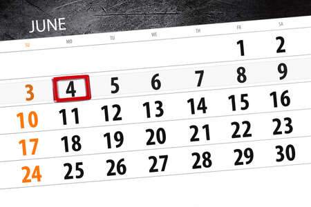 Calendar planner for the month, deadline day of the week, monday, 2018 june 4の写真素材
