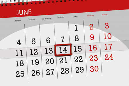 Calendar planner for month, deadline day of the week, thursday, 2018 june 14の写真素材