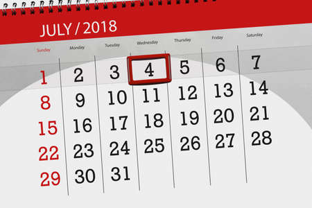 Calendar planner for the month, deadline day of the week, wednesday 2018 july 4, Independence dayの写真素材