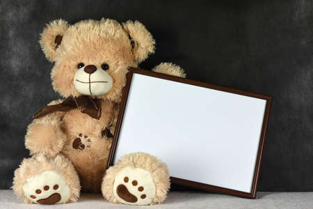 Bear Teddy with a heart shaped frame loves you on Valentines Day