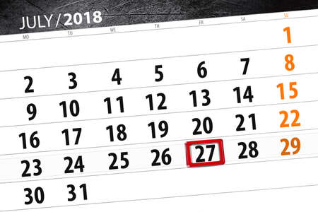 Calendar planner for the month, deadline day of the week, friday 2018 july 27の写真素材