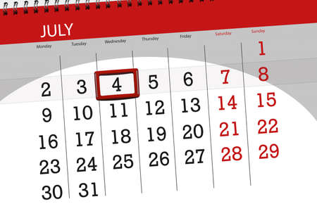 Calendar planner for the month, deadline day of the week, wednesday 2018 july 4, Independence dayの写真素材