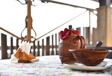 Dishes with food in the old roadside cafe.の写真素材