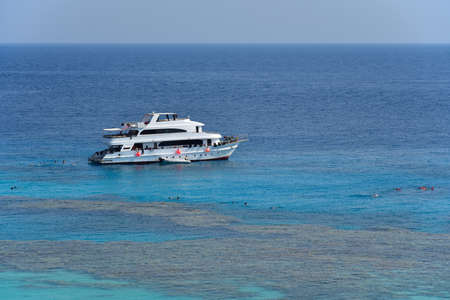 Divers on a yacht swim near a coral reef in Egypt.