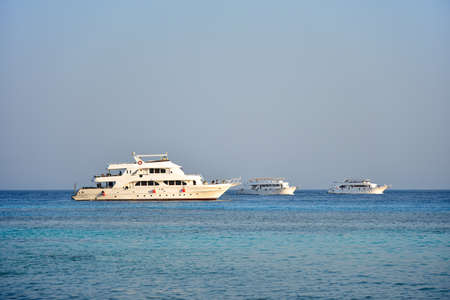 Three white yachts stand in the blue sea.