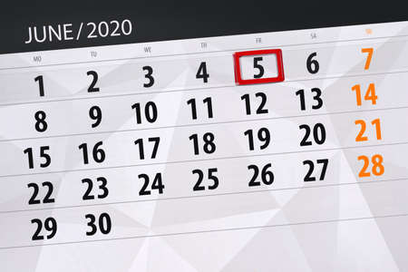 Calendar planner for the month june 2020, deadline day, 5, friday.の写真素材