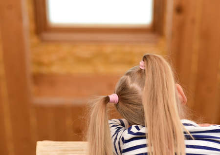 The child looks out the window and dreams, rear view.の写真素材