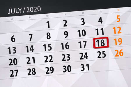 Calendar planner for the month july 2020, deadline day, 18, saturday.の写真素材