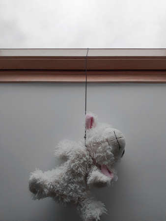 Children toy with a noose around the neck hangs on the window.