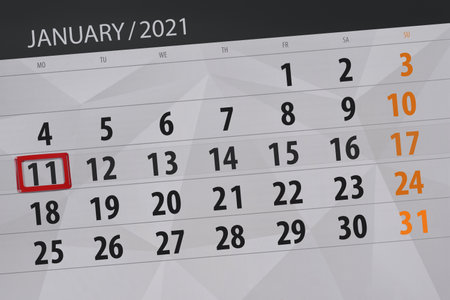 Calendar planner for the month january 2021, deadline day, 11, monday.の写真素材