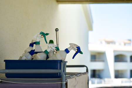 Working equipment of the cleaner of premises in the hotel corridor.